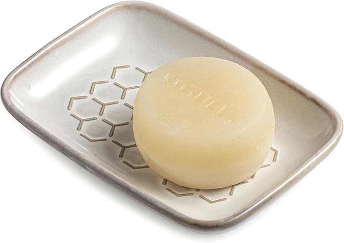 Gomakren Soap Dish for Shower, Ceramic Bar Soap Holder with Honeycomb Design, Soap Saver Tray for Bathroom Kitchen Sink, Sponge & Organizer Tray, Upscale Look, 5.5 Inch, Beige