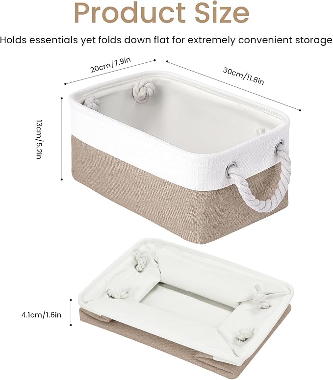 Storage Baskets for Shelves 11.8x7.9x5.2 Inch, Foldable Fabric Storage Bins with Handles, Small Storage Baskets for Organizing Closet, Office, Home Organization (6-Pack, White&Khaki)