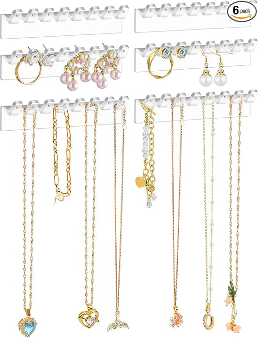 NiHome 6-Pack 48 Hooks Wall-Mounted Clear Plastic Jewelry Organizers for Earrings, Necklaces, Bracelets, Rings, Studs, No-Drill Adhesive Installation Racks for Closet, Bathroom, Bedroom, Mirror