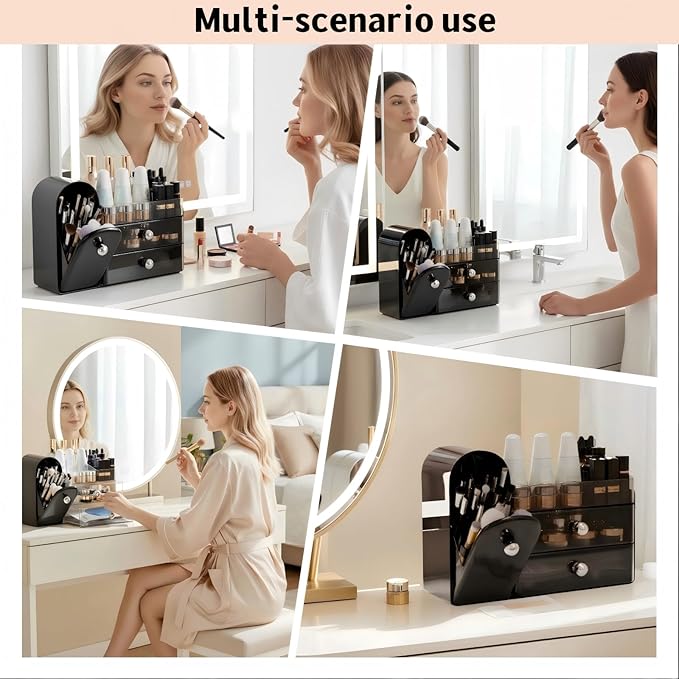 Makeup Organizer for Vanity with Covered Brush Holder，Bathroom Organizers with Drawer，Skin Care Organizer，Makeup Organizers for Vanity with Drawer，Large Makeup Storage for Dresser, Black