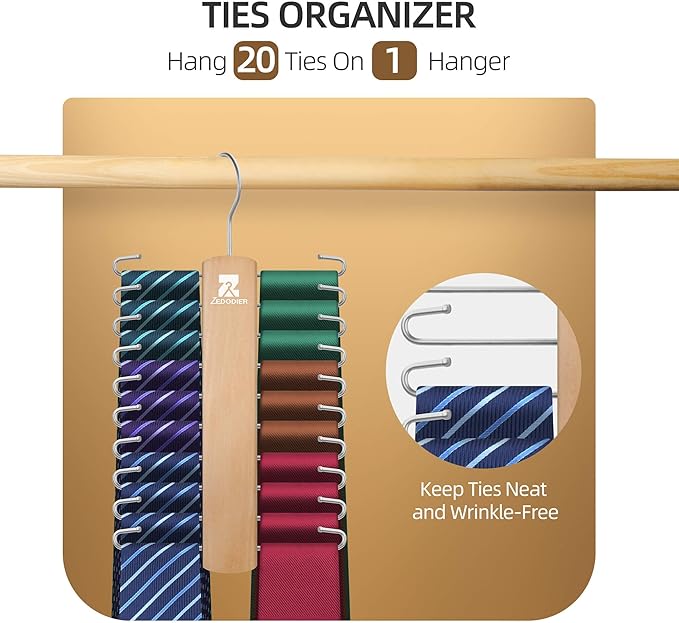 ZEDODIER Wooden Tie Rack, Tie Hanger for Men Closet, 20 Storage Capacity, Non-Slip Rotatable Tie Organizer, Hanging Space Saving Holder, Natural