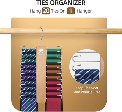 ZEDODIER Wooden Tie Rack, Tie Hanger for Men Closet, 20 Storage Capacity, Non-Slip Rotatable Tie Organizer, Hanging Space Saving Holder, Natural