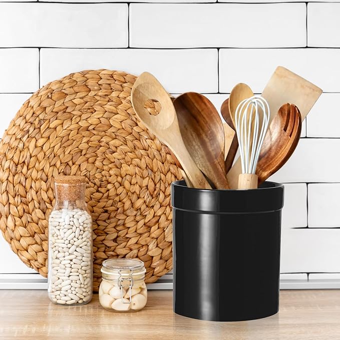 MEIGUI Ceramic Kitchen Utensil Holder, Utensil Crock Large Utensils Holder for Kitchen Decor, Cooking Tool Utensils Caddy for Countertop, Pure Black