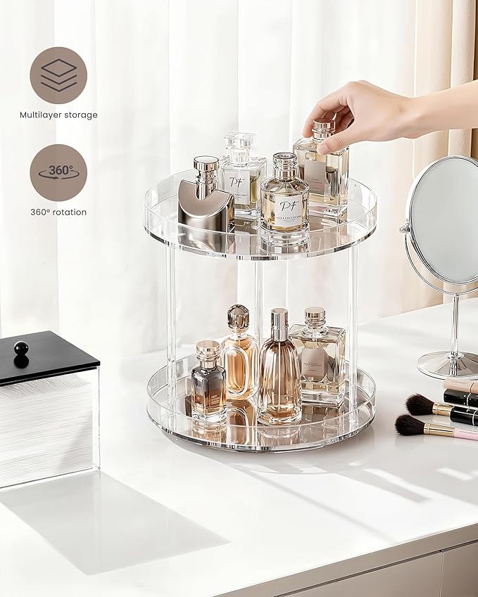 Lolalet 360 Degree Rotating Acrylic Perfume Organizer Stand, 2 Tiers Clear Perfumes Holder Display Rack, Makeup Skincare Organization for Vanity Bathroom Countertop -Medium, Clear