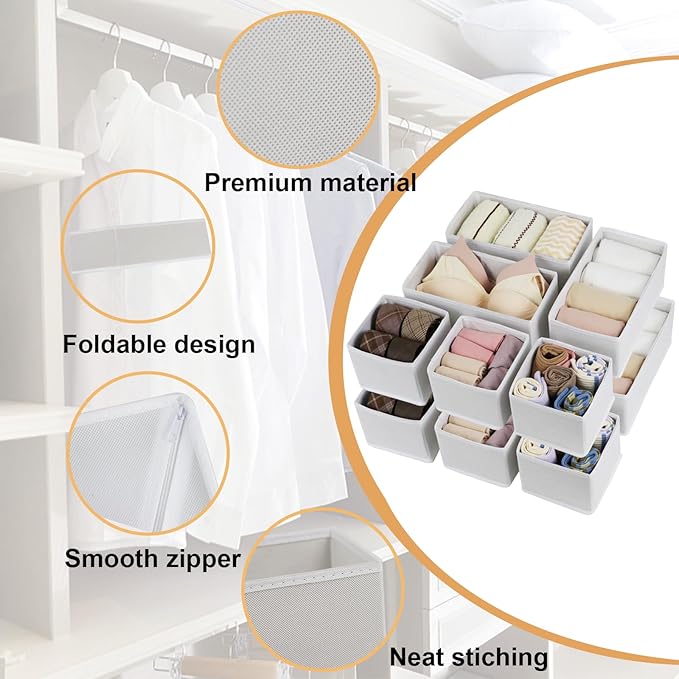 Fordonral Drawer Organizer Clothes, Foldable Fabric Dresser Organizer Closet Organizers and Storage Box for Underwear,Folded Clothes,Baby Clothing,Socks,Bra,Towels,Ties(6M+6S,White)