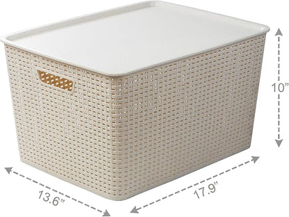 BINO | Plastic Storage Baskets with Lids, 45 Liter - 3 Pack, Natural | THE WOVEN COLLECTION | Storage Basket for Shelves | Woven Storage Baskets for Organizing Bins | Pantry Shelf Organizer Bin