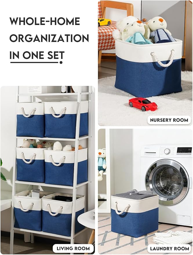 Temary Cube Storage Baskets 11x11, Set of 6 Decorative Fabric Bins with Metal Frame Around the Top Rim, Sturdy Collapsible Organizers for Closet, Office (White & Dark Blue)