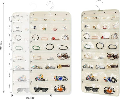 Hanging Jewelry Organizer with 50 Transparent Pockets, 360° Rotating Hanger & Secure Zipper Closure - Foldable Double Sided Jewelry Storage Bag for Earrings, Rings, Necklaces, Bracelets (Beige)