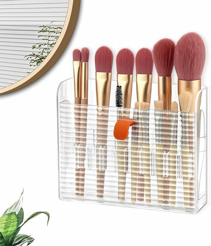 Poeland Wall-Mounted Makeup Brush Holder, Self-Adhesive Fip-Open Vanity Organizer for Bathroom Medicine Cabinet, Make Up Brush, Eyeliner, Lip Liner, Eyebrow Pen Storage