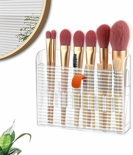 Poeland Wall-Mounted Makeup Brush Holder, Self-Adhesive Fip-Open Vanity Organizer for Bathroom Medicine Cabinet, Make Up Brush, Eyeliner, Lip Liner, Eyebrow Pen Storage