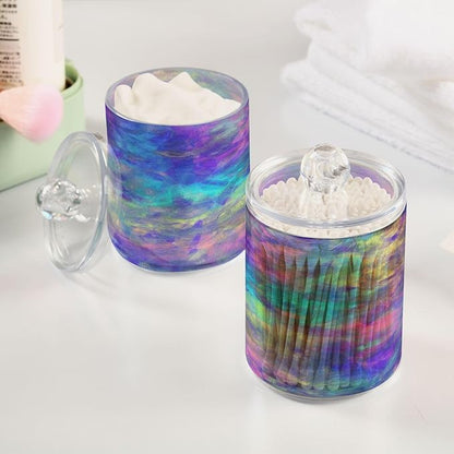 Iridescent Qtip Holder Dispenser 2 PCS Plastic Bathroom Canister Apothecary Jars with Lid 14 oz Vanity Makeup Storage Organizer for Cotton Swabs, Balls, Pads, Floss