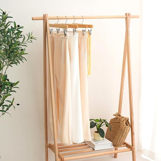 BAGAIL 20 Pack Wooden Pants Hangers with Adjustable Clips, 360°Swivel Hook Space Saving Skirt Holders with Anti-Rust Clips for Trousers, Jeans, Shorts (Natural)