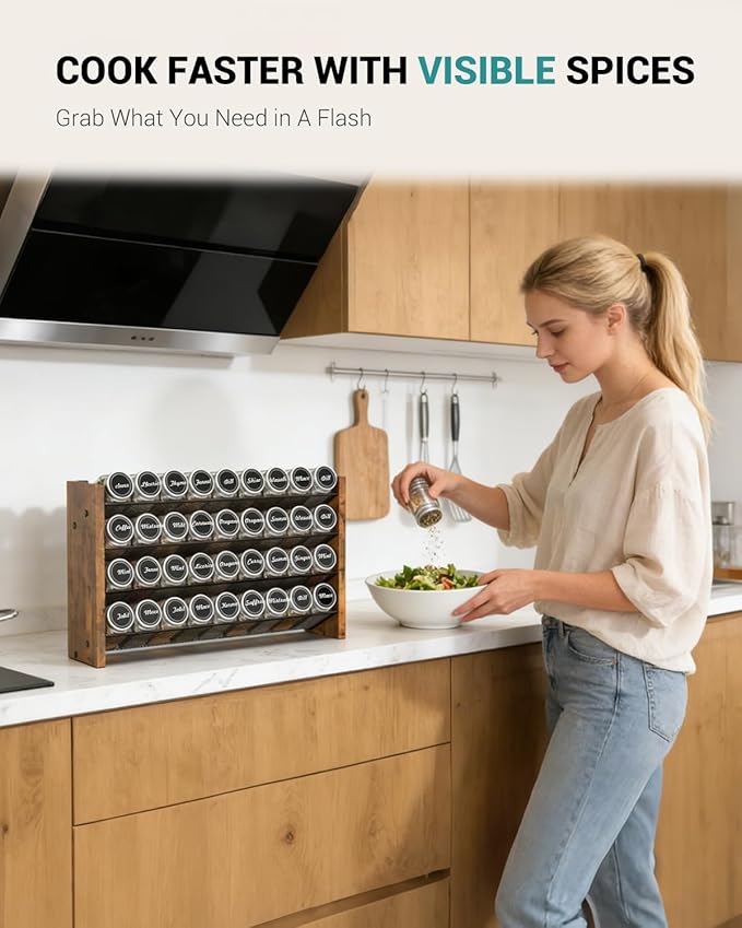 NESAPTO Spice Rack Organizer with 36 Glass Spice Jars, Wood 4-Tier Seasoning Organizer with Labels for Cabinet, Pantry, Countertop or Wall Mount, Chalk Marker and Funnel Set, 17.2" W × 9.4" H