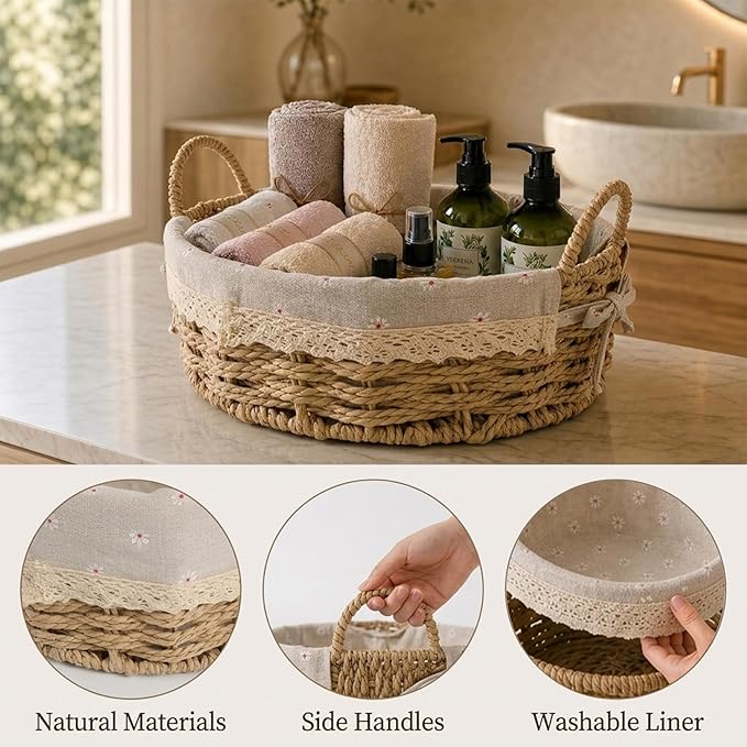 Small Wicker Storage Baskets for Organizing, Set of 2 Round Woven Basket with Handles & Removable Daisy Liner, Boho Paper Rope Cute Baskets for Gift, Decor, Pantry, Shelf, Table, Kitchen