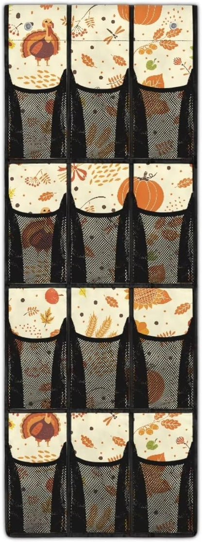 Turkey and Pumpkin Door Hanging Shoe Organizer for Thanksgiving Home Decor,Mesh Fabric Door Organizers and Storage Space Saving with 12 Pockets Wall Hanging Storage 4 Metal Hook