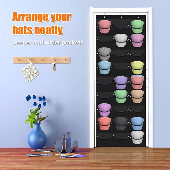 Hat Rack for Baseball Caps, 27 Pockets Over The Door Baseball Hat Organizer, Fitted Hat Storage for Closet Wall Mount Bag With Large Pockets & 3 Hooks, Hat Holder Hanger Organization to Display Caps