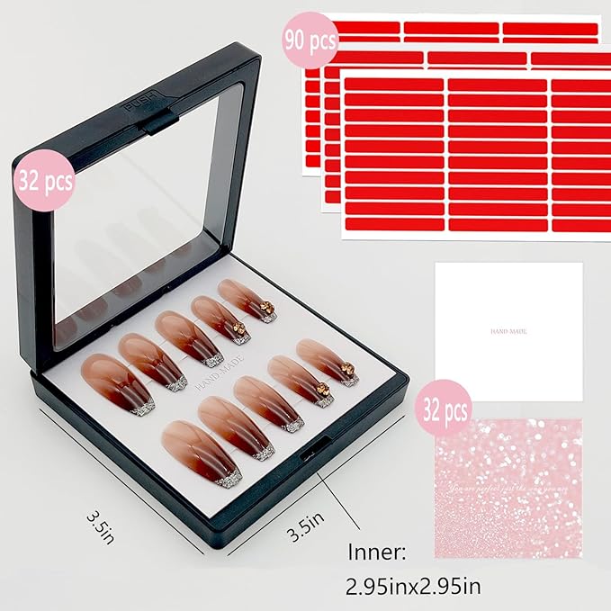 32 Pack Press On Nail Packaging Boxes 3D Floating Press On Nail Storage Box Nail Display Box with 90pcs Double Sided Adhesive Nail Display Tape for Nail Tech