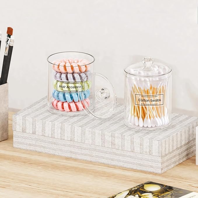 MateeyLife Storage Containers with Lids 2 Pack 10oz, Make Up Organizers for Vanity, Bathroom Organizers and Storage, Q tips for Home and Bathroom Decor, Makeup Holder Set Accessories (Clear)