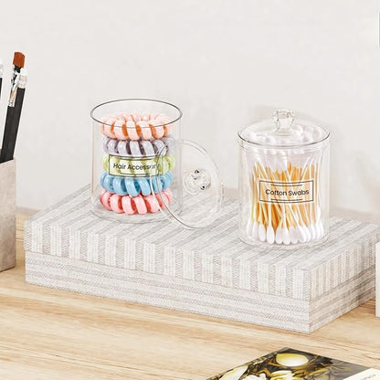 MateeyLife Storage Containers with Lids 2 Pack 10oz, Make Up Organizers for Vanity, Bathroom Organizers and Storage, Q tips for Home and Bathroom Decor, Makeup Holder Set Accessories (Clear)