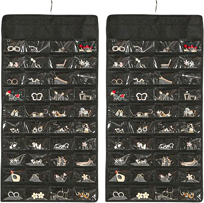 Hanging Jewelry Organizer Storage Earring Jewelry Storage Bag With 48 Pockets Necklace Bracelet Ring Glasses Accessory Display Rack (B80-Black)
