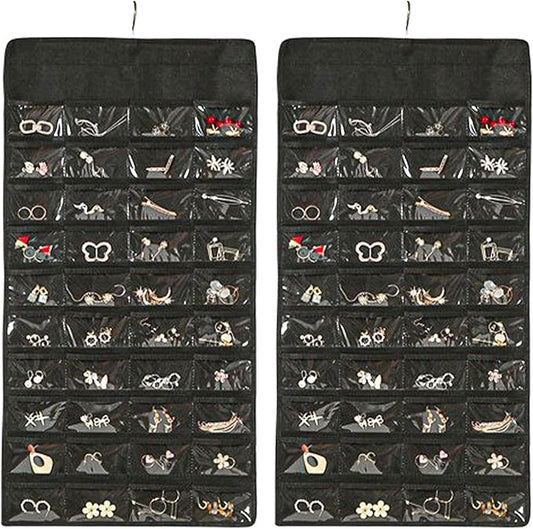 Hanging Jewelry Organizer Storage Earring Jewelry Storage Bag With 48 Pockets Necklace Bracelet Ring Glasses Accessory Display Rack (B80-Black)