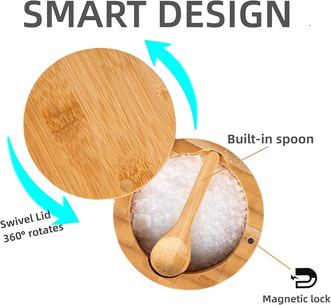 Bamboo Salt Cellar Bowl Box with Swivel Magnetic Lid to Avoid Dust, Elegant Kitchen Salt Container Holder with to Storage Pepper Spice Bath & Sea Salts, 6OZ（Built-in Spoon）
