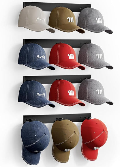 MISSLO Hat Rack for Wall with 2-way Display Hat Hooks for Wall Hanger 4 Pack Holds 24 Baseball Cap Holder Organizer for Closet, Wall Mounted, Bedroom Storage