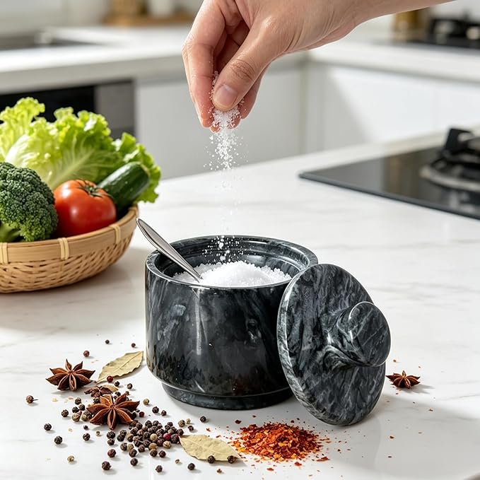 Marble Salt Cellar with Lid & Spoon, 3" Black Salt Container for Countertop, Spice Jar, Stone Storage Box for Kitchen and Bathroom
