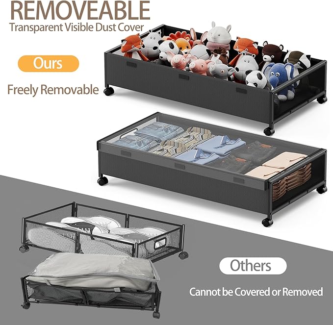 KITHELP Under Bed Storage Containers with Wheels, 2 Pack Underbed Shoe Storage Organizer with Removable Lids, Large Rolling Under Bed Storage Dresser Drawers for Clothes Toys Shoes Blankets