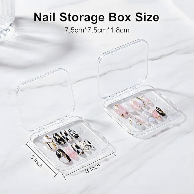 12 Pcs Press on Nail Storage Box with 60 Pcs Double Sided Adhesive Tapes, Nail Packaging Boxes Fake Nail Display Case Crystal Clear Nail Storage Box with Gift Box for Nail Art Business Nail Salon
