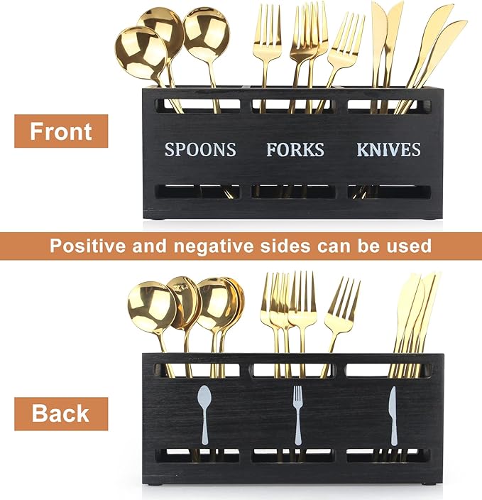 Ayiaren Wooden Silverware Caddy Flatware Cutlery Holder Wood Silverware Organizer Containers Small Black Kitchen Utensil Holder for Countertop Spoon and Fork Holder Flatware Utensils Caddy for Party
