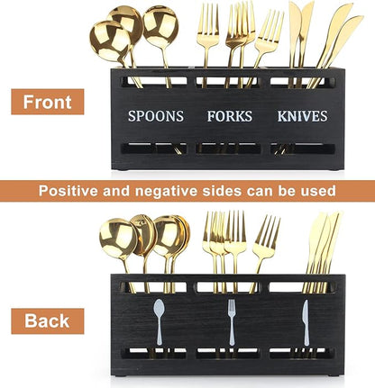 Ayiaren Wooden Silverware Caddy Flatware Cutlery Holder Wood Silverware Organizer Containers Small Black Kitchen Utensil Holder for Countertop Spoon and Fork Holder Flatware Utensils Caddy for Party