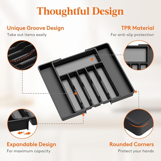 Lifewit Silverware Drawer Organizer, Expandable Utensil Tray for Kitchen, BPA Free Flatware and Cutlery Holder, Adjustable Plastic Storage for Spoons Forks Knives, 33 -57 x 42cm, Black and Gray