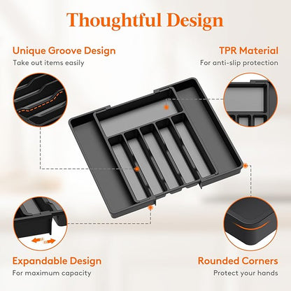 Lifewit Silverware Drawer Organizer, Expandable Utensil Tray for Kitchen, BPA Free Flatware and Cutlery Holder, Adjustable Plastic Storage for Spoons Forks Knives, 33 -57 x 42cm, Black and Gray