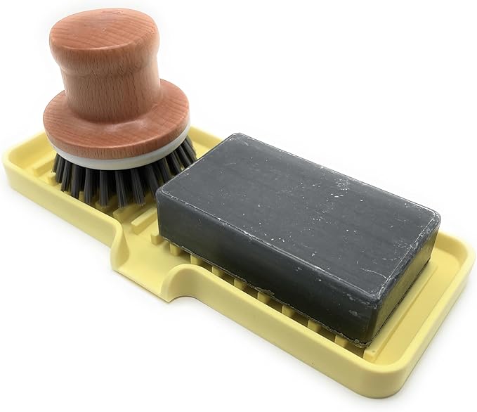 Silicone Soap Dish Tray and Sponge Holder with Drain Chute, Rectangular, Kitchen and Bathroom Sink Organizer (Pale Yellow, 9"x3.5")