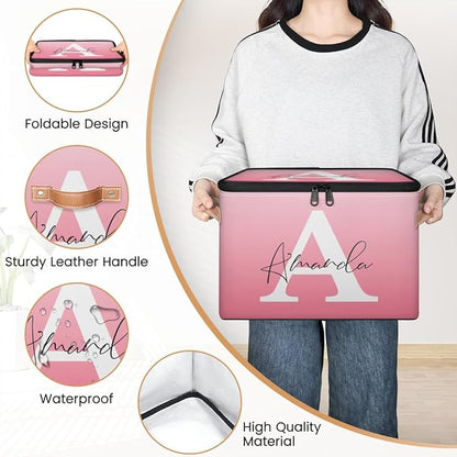 Custom Initial Name Storage Bins, Personalized Foldable Storage Basket Boxes with Zipper Lid&Handle, Customized Shelf Basket Cube, Gradient Pink