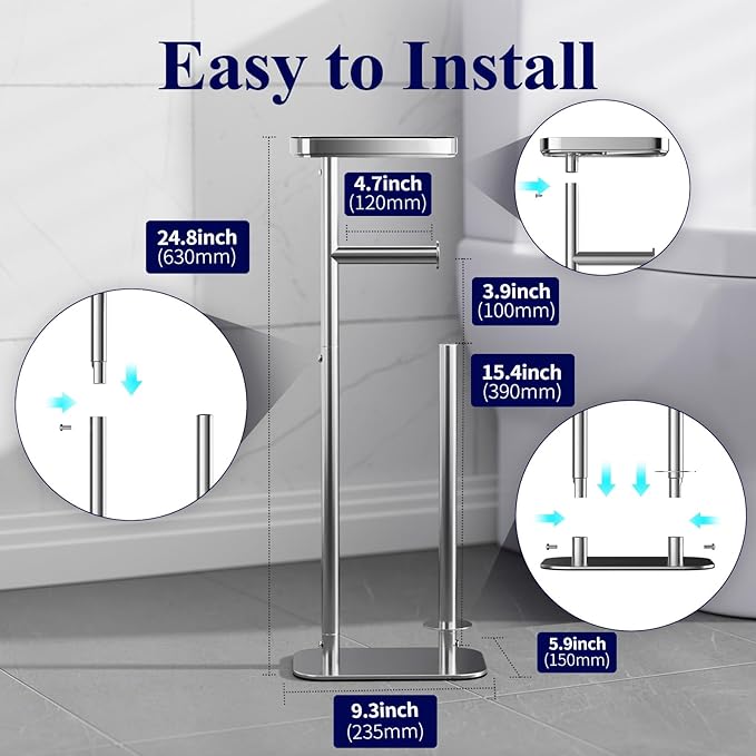Kitsure Toilet Paper Holder Free Standing – Rustproof Metal Toilet Paper Stand for 4 Rolls with Anti-Slip Base and Shelf for Phone & Small Items, Bathroom Organizers and Storage, Medium, Chrome Silver