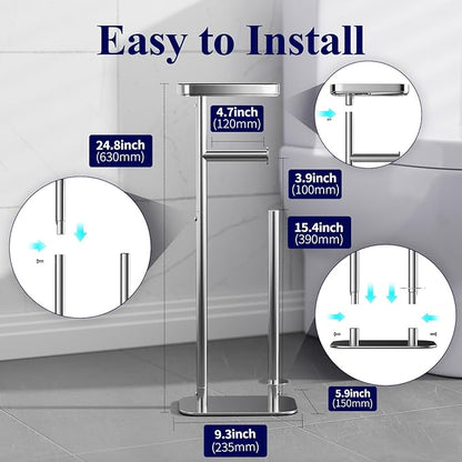 Kitsure Toilet Paper Holder Free Standing – Rustproof Metal Toilet Paper Stand for 4 Rolls with Anti-Slip Base and Shelf for Phone & Small Items, Bathroom Organizers and Storage, Medium, Chrome Silver