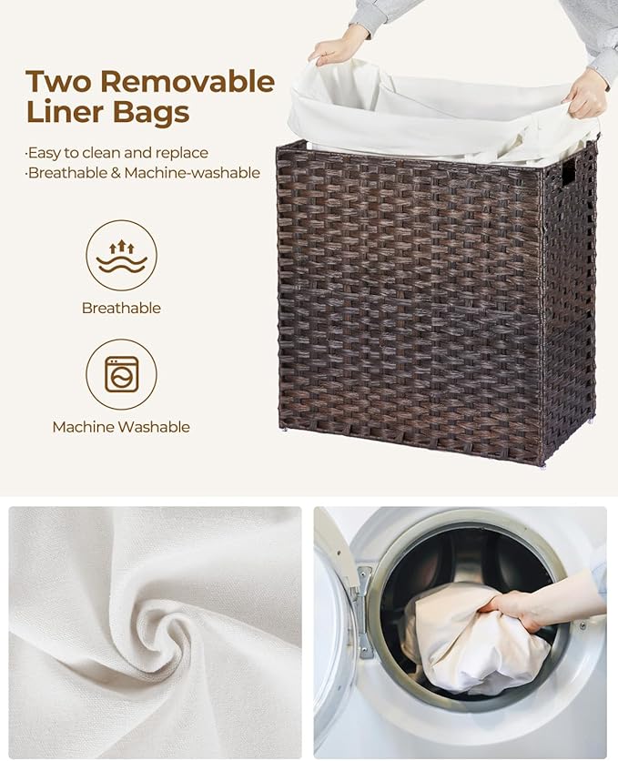 Greenstell Laundry Hamper with Lid, 125L Laundry Basket with 2 Removable Liner Bags & 2 Mesh Bags, Handwoven Synthetic Rattan Clothes Hamper for Clothes, Toys in Bathroom, Bedroom, Foldable, Brown