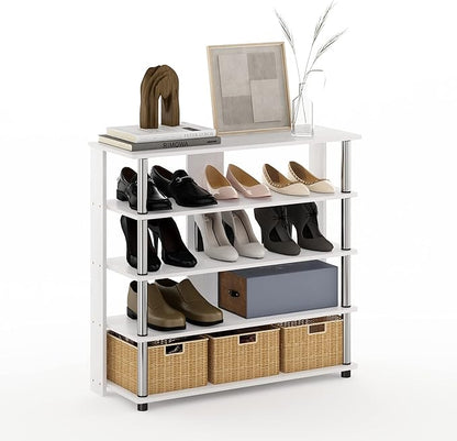 Furinno Turn-N-Tube 5 Tier Wide Shoe Rack, White Oak, Stainless Steel Tubes 32 Inch