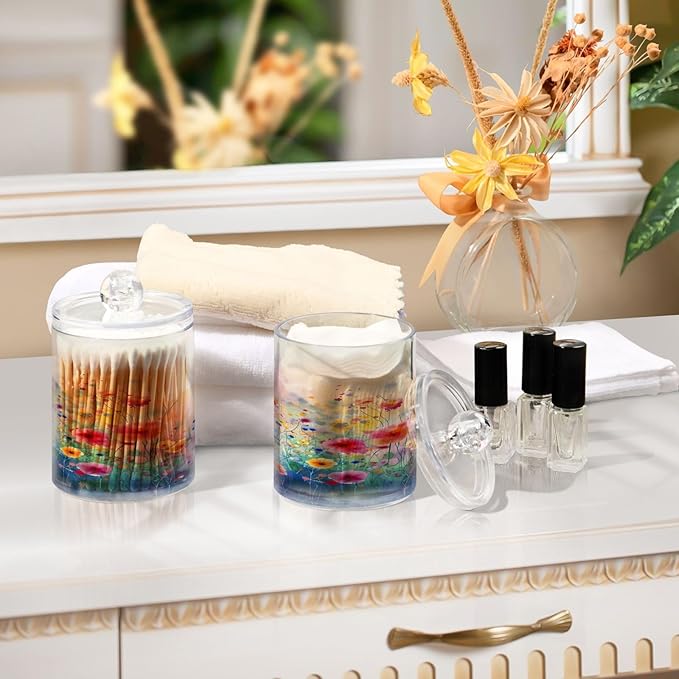 Colorful Flowers Painting Qtip Holder Dispenser with Lids, 2PCS Plastic Food Storage Canisters, Apothecary Jar Containers for Vanity Organizer Storage #557