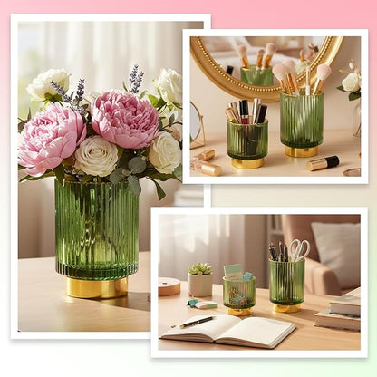 2 Pack Glass Makeup Brush Holder Organizer, Crystal Glass Toothbrush Holders, Desk Pen Pencil Holder, Multifunctional Vintage Brush Cup for Desk Vanity Bathroom Bedroom