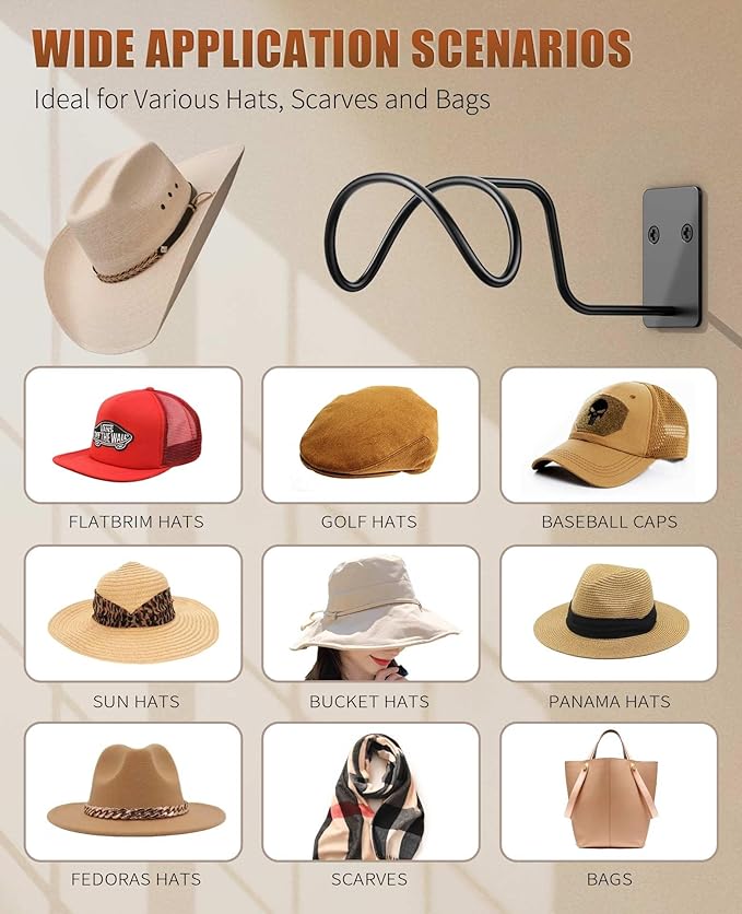 Livelab Cowboy Hat Holder, (4 Pack) Cowboy Hat Rack for Wall Mount, Metal Hat Organizer Storage Cowboy Hats Hanger Hooks for Fedora, Sun Hats, Wide Brim