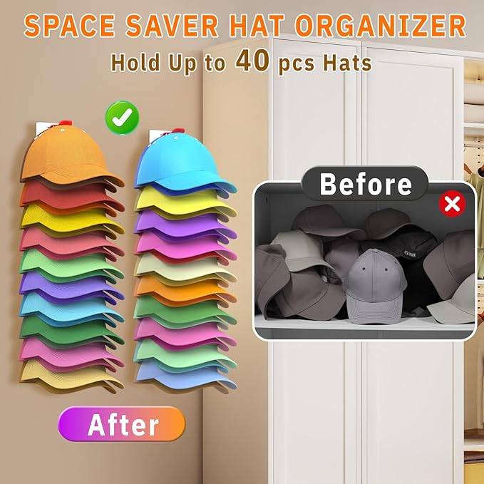Volnamal Hat Organizer for Baseball Caps, 2 Pack Hold Up to 40 Hats, Hat Rack for Wall Space Saving, Hat Hanger w/Strong Adhesive Hat Storage Holder Display for Closet Door and Wall(White& Color)