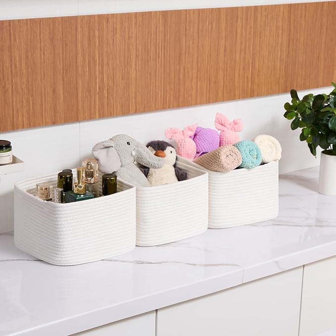 MiniArk Small Organizing Baskets for Cubes Shelf, 9.7x9.7x7.1 Inch Rope Woven Storage Bins for Nursery Shelves Storage, Cute Toy Basket, Square 3 Packs Off White