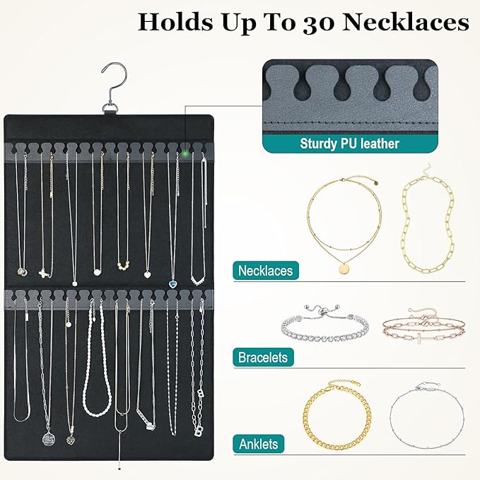 Dual Sided Hanging Jewelry Organizer with Hanger for Small Closet,Tangle Free Necklace Holder Over Door Large Capacity 300 Earrings+30 Necklaces, Soft Sturdy Felt Material,Gift Ready,1 Pack