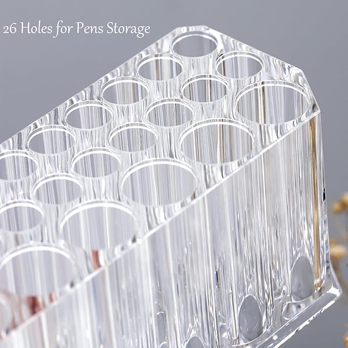 Clear Acrylic Makeup Brush Holder Organizer, 26-Slot Cosmetic Brush & Pen Storage Caddy for Vanity Desk, Bathroom Counter