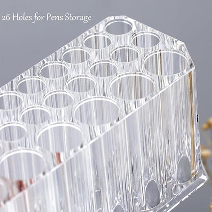 Clear Acrylic Makeup Brush Holder Organizer, 26-Slot Cosmetic Brush & Pen Storage Caddy for Vanity Desk, Bathroom Counter