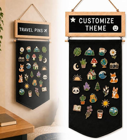 Enamel Pin Display Banner with Customizable Felt Letter Board and 170+ Letters, Hanging Canvas Pin Organizer for Lapel Pins, Brooches & Badges, Wall Display for Pin Collectors, Bedroom Dorm Decor