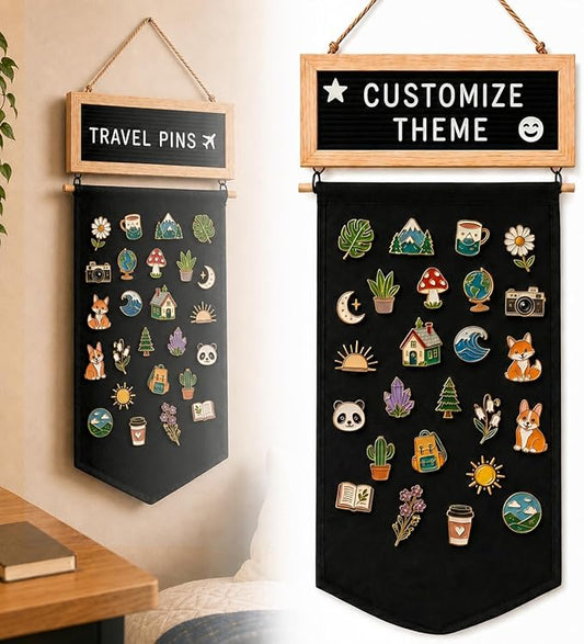 Enamel Pin Display Banner with Customizable Felt Letter Board and 170+ Letters, Hanging Canvas Pin Organizer for Lapel Pins, Brooches & Badges, Wall Display for Pin Collectors, Bedroom Dorm Decor